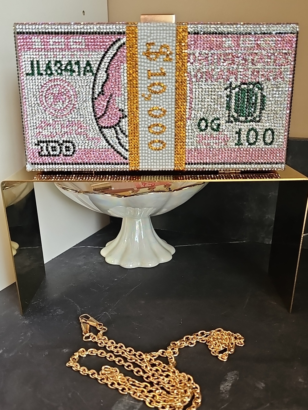 Crystal Embellished Pink Money Stack Clutch Bag